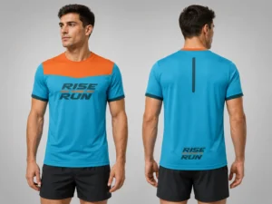 Herren-Firmenlaufshirt LFN 110 in Türkis und Orange – Vorder- und Rückansicht