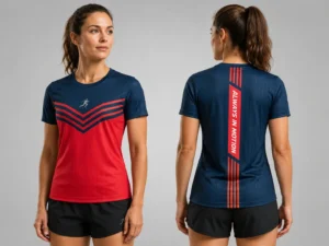 Damen-Teamlaufshirt LFN 111 in Rot und Dunkelblau – Vorder- und Rückansicht